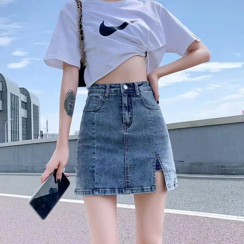 

Elastic Denim Half Length Pants Skirt 2024 Summer New High Waisted Short Skirt A-line Split Wrap Buttocks Skirt for Women