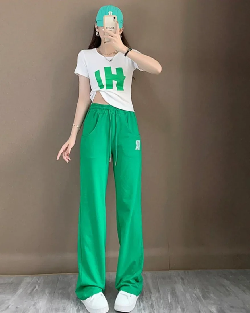 Cotton Wide Leg Women's Top and Pants Two Piece Set Summer 2024 Ladies Trouser Green Clothing Sales Y2k Streetwear Classy Bottom