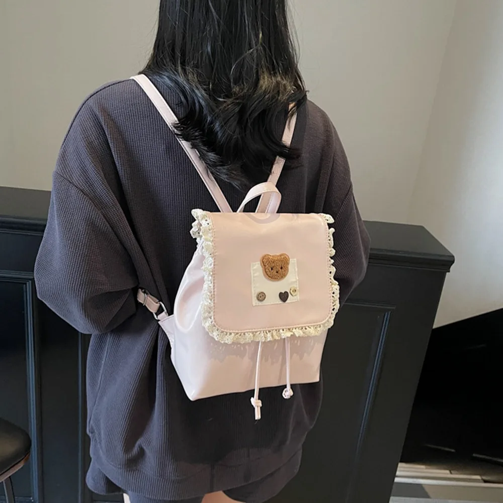 Cute Ruffled Lace Fashion Backpack Ballet Style Top Handle Drawstring Backpack Casual PU Leather Cute Bear Knapsack Travel