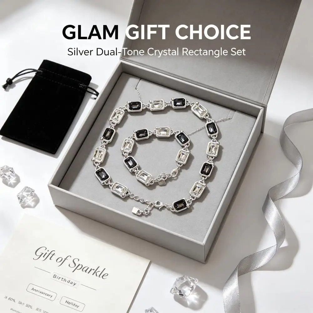 2026 Spain Light Luxury Beautiful Black and White Double Color Crystal Bracelet Necklace Set Surprise Gift