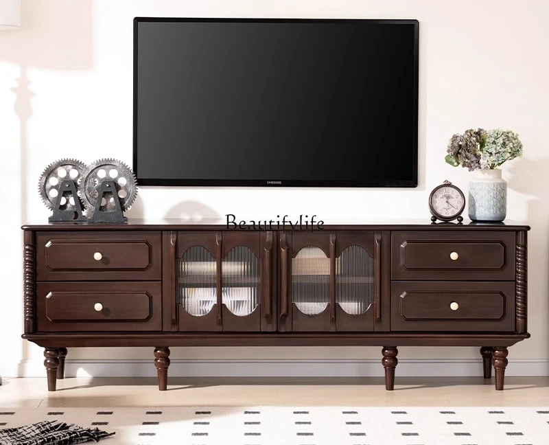 

*French light luxury all log antique TV cabinet black walnut all solid wood