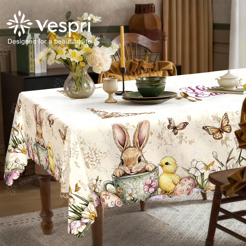 Vespri Oster-Tischdecke Deko Hase Schmetterling Blume Weiß Beige Polyester Rund Rechteckig Oval für Party Festival