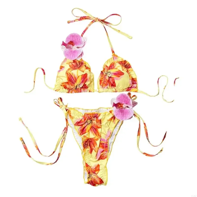 

Women Two Piece Swimwears Set Halterneck Thong Swimsuit Set Ladies Flower Print Bathing Suit with Low Waist Thong Briefs