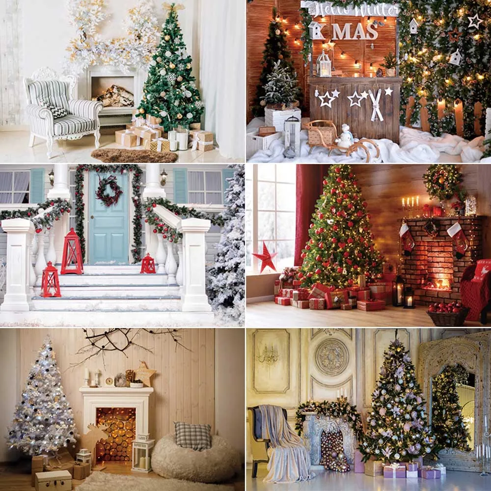 MOON.QG 2025 Christmas Photography Background Xmas Tree Fireplace Photo Studio Backdrop Children Home Decoration Photoshoot Prop