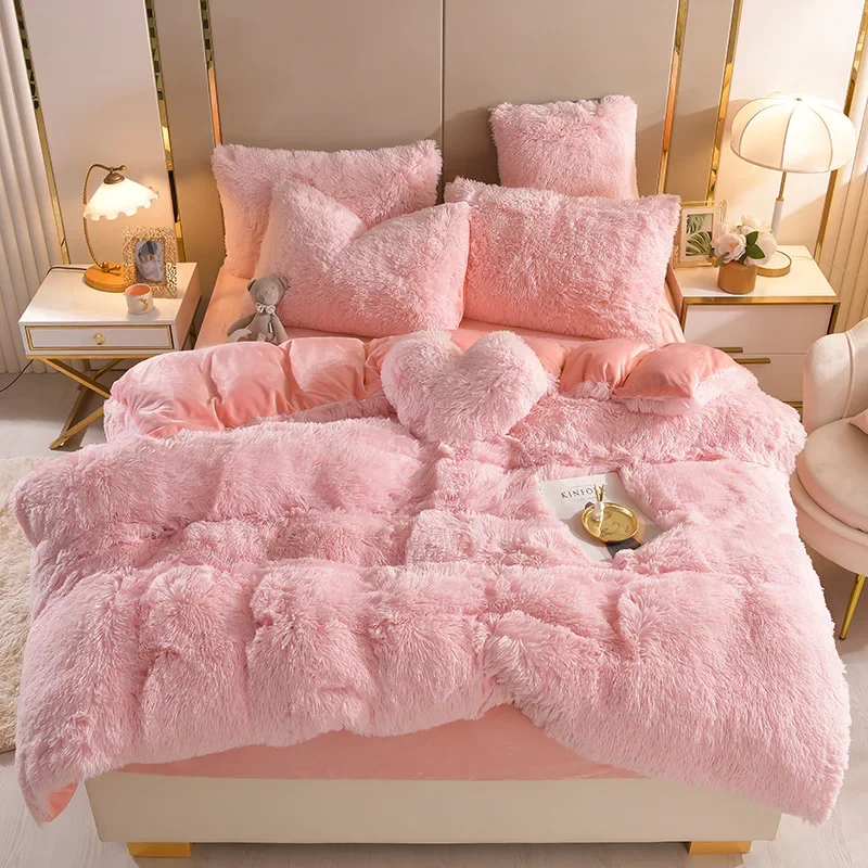 Thickened Mink Fur Long Plush Bedding Set Crystal Velvet Smooth Soft Beddings Quick Heating Anti-static Warm Bedroom Bed Cloth