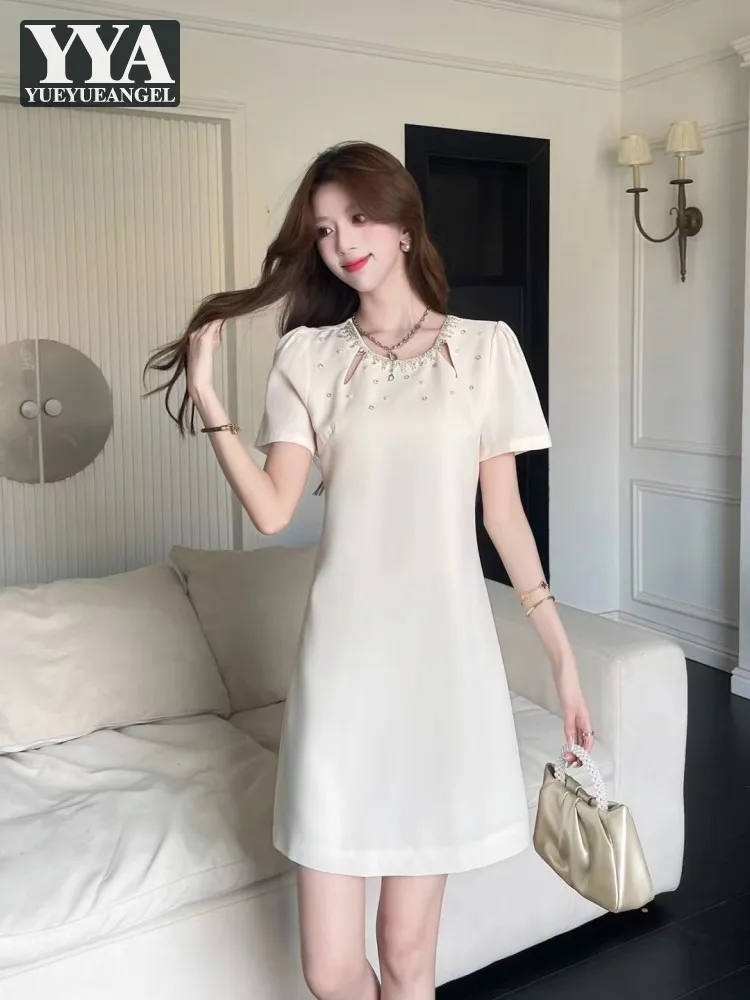 

Summer Females New Style Elegant Hollow Out Beading Collar Dress Short Sleeved Diamonds Office Ladies Above Knee Mini Dresses