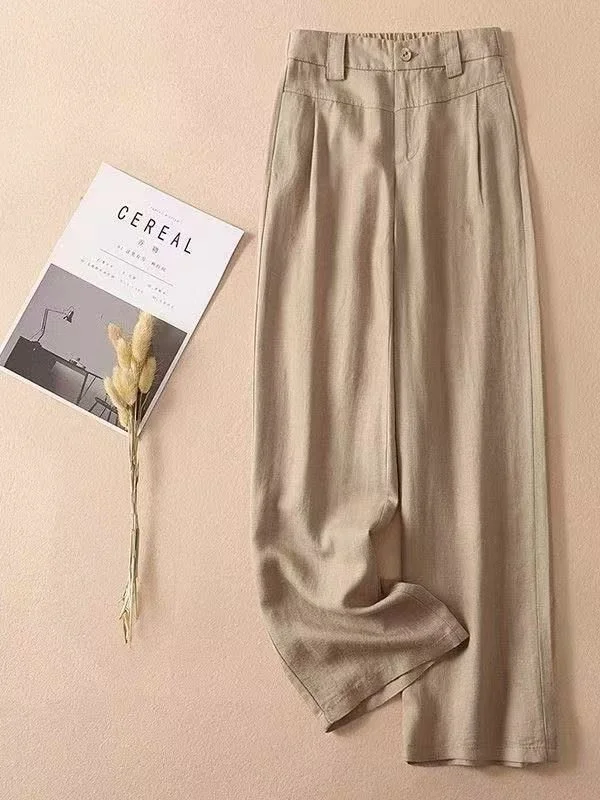 الراقية ليوسيل المضادة للتجاعيد الكتان بنطال ذو قصة أرجل واسعة المرأة الربيع الصيف رقيقة القطن الكتان عادية فضفاض ثنى مستقيم الساق T... #2