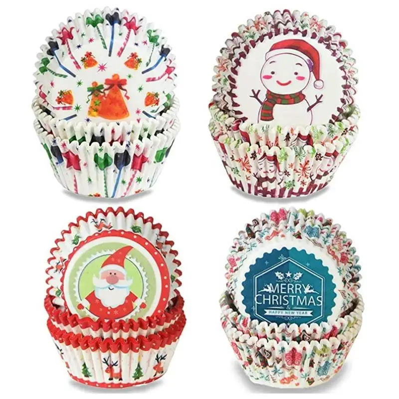 100Pcs Christmas Cupcake Liners Santa Claus Snowflake Xmas Tree Paper Baking Cups Muffin Cases Party Cake Mold Decoration