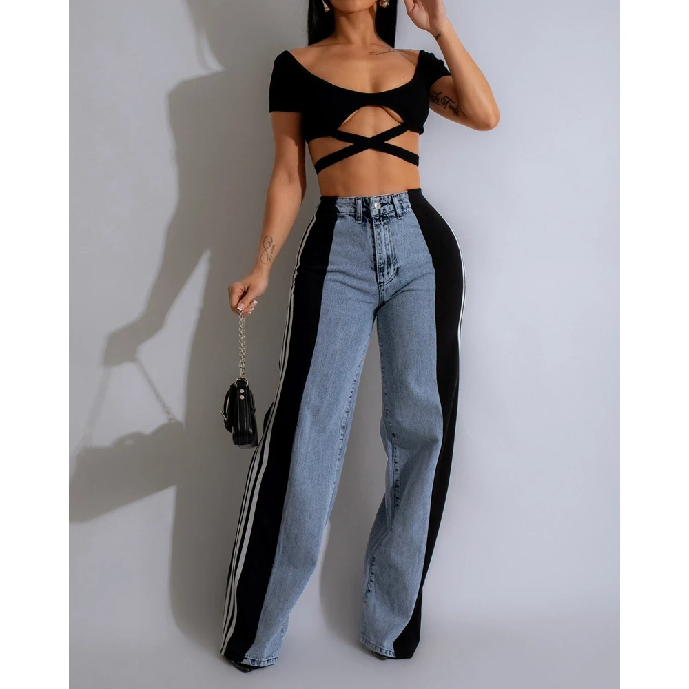 Women Side Striped Colorblock Wide Leg High Waist Jeans Female Casual Washed Denim Vintage Pants Summer Lady Long Trouses