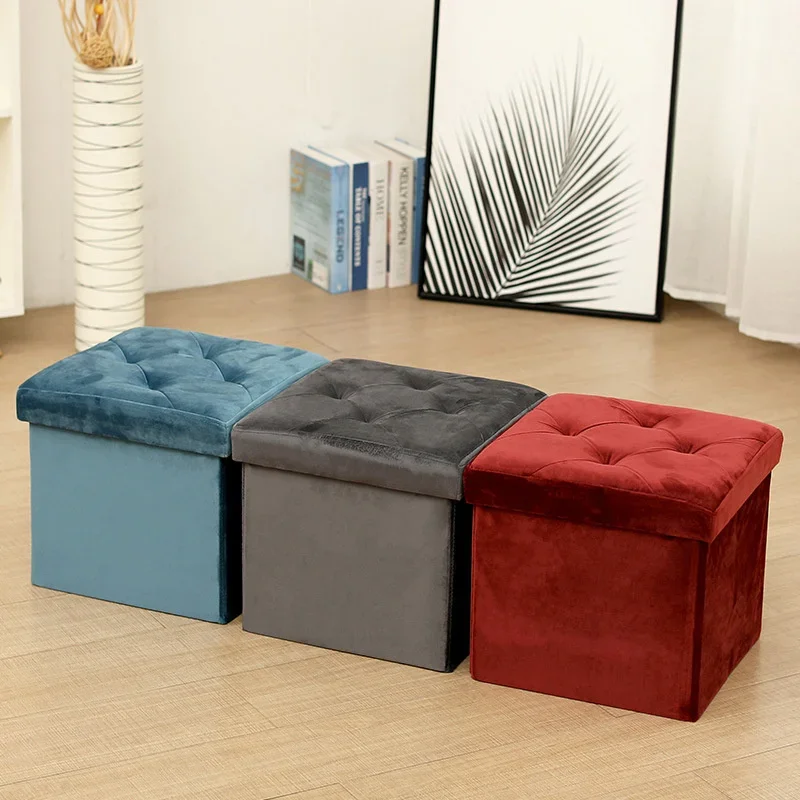 Square Flannel Storage Stool - European Style Multifunctional Foldable Design, Organizing and Seating Solution, Living Room