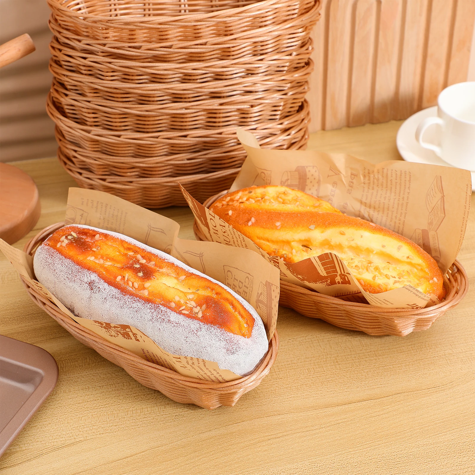 

10pcs Woven Bread Baskets Lightweight Storage Serving Snacks Fruit Vegetable Plastic Rattan Baskets Kitchen Cafe Gift