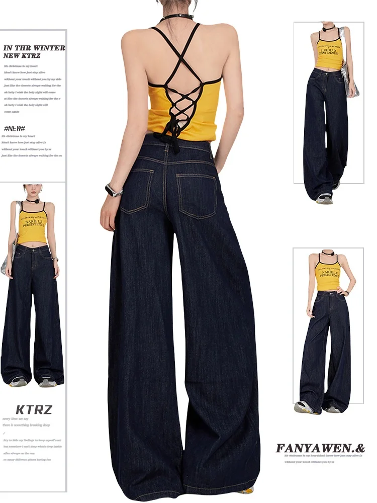 

High Waist Wide Leg Denim Jeans Women's Spring Autumn Loose Straight Floor-Length Trousers American Retro Original Color