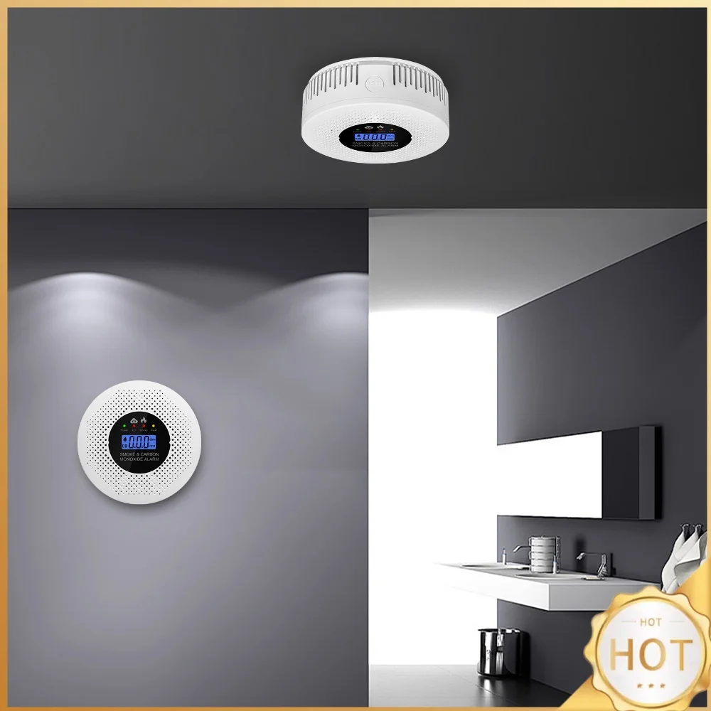 2 in 1 Fire Alarm Smoke Detector with LCD Display Smoke Detector Powered by Battery for House Apartment Kitchen