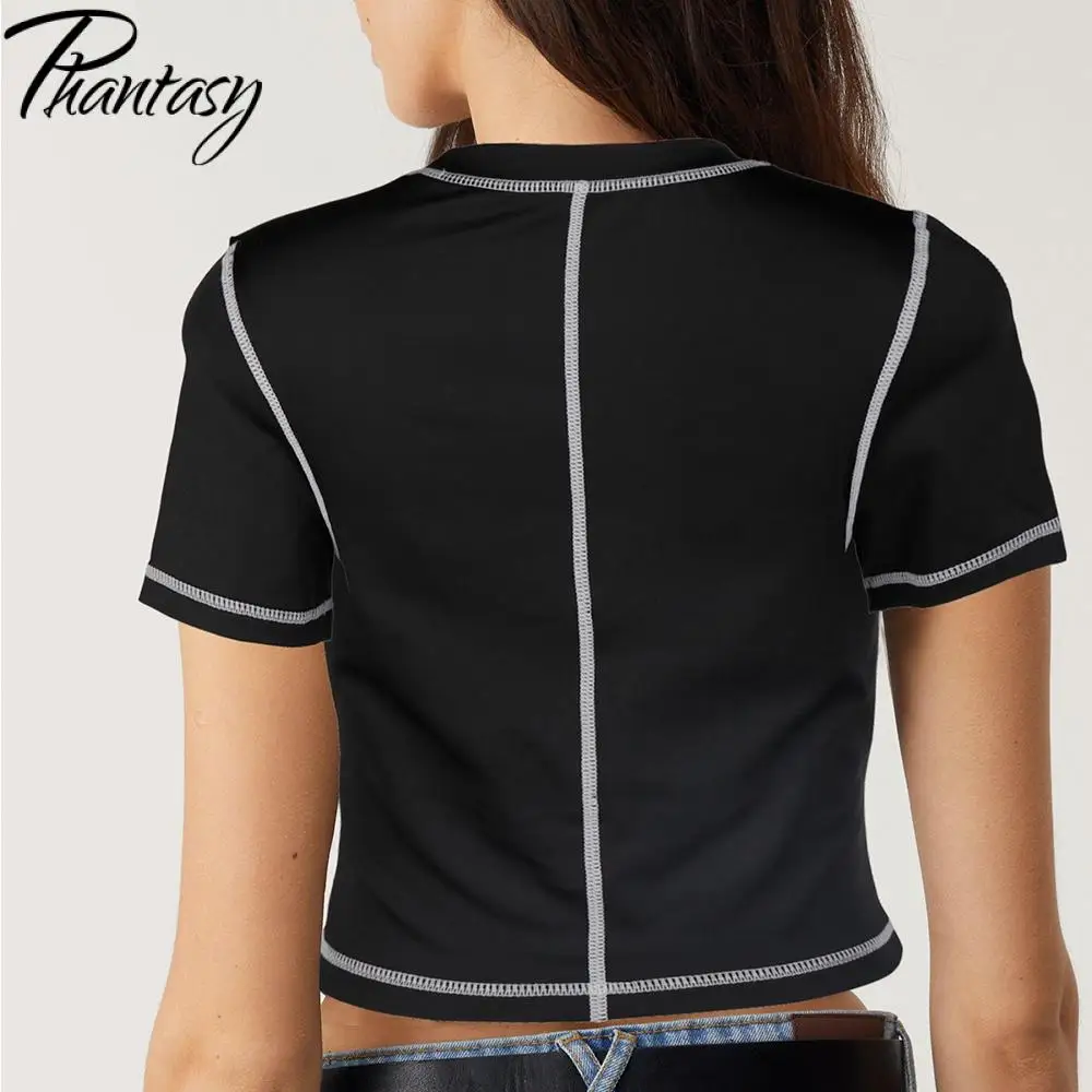 Phantasy Black Women T-Shirt Y2K Short Sleeved Tops Sporty O Neck Tops Skinny Solid Streetwear Women Spring Summer Slim Tees