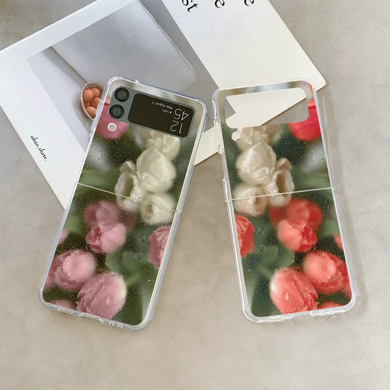 Elegant Tulip Flower Clear Folding Phone Case for Samsung Galaxy Z Flip 5 4 3 6 7 Cover for Z Fold7 6 5 4 3 Floral Pattern Shell