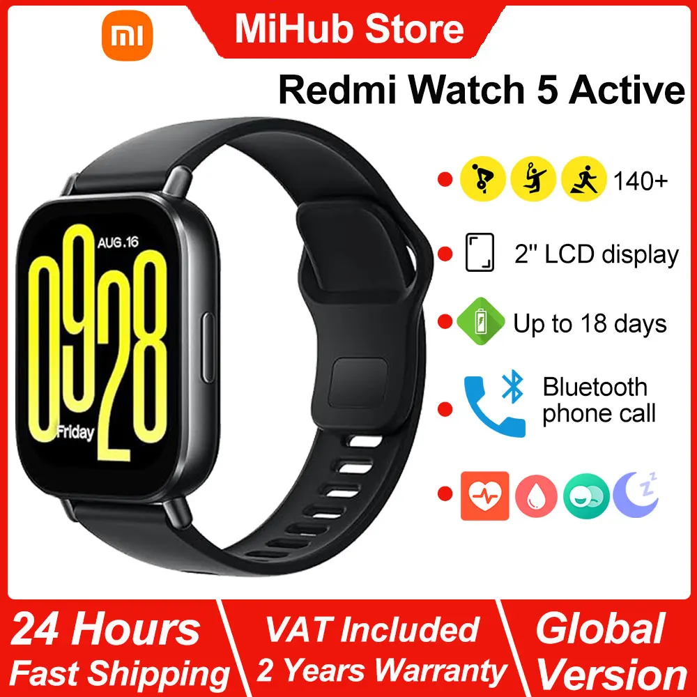 Montre connectée Xiaomi Redmi Watch 5 Active, écran LCD 2 pouces, surveillance de la fréquence cardiaque et de l'oxygène sanguin toute la journée, appels Bluetooth