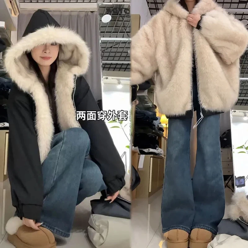 

Double-Sided Fur Collar Hooded Plus Velvet Cotton Coat Winter High-End Loose Parka Outwear Warm Thick Women Cotton Padded Jacket