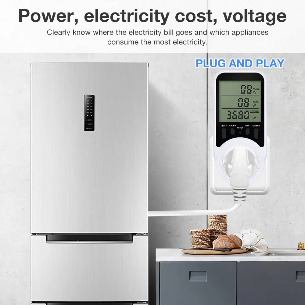 Soket Meteran Daya Digital 120~240V Pengukur Tegangan Wattmeter Meteran Konsumsi Listrik Analisa Energi untuk Kulkas Rumah Tangga