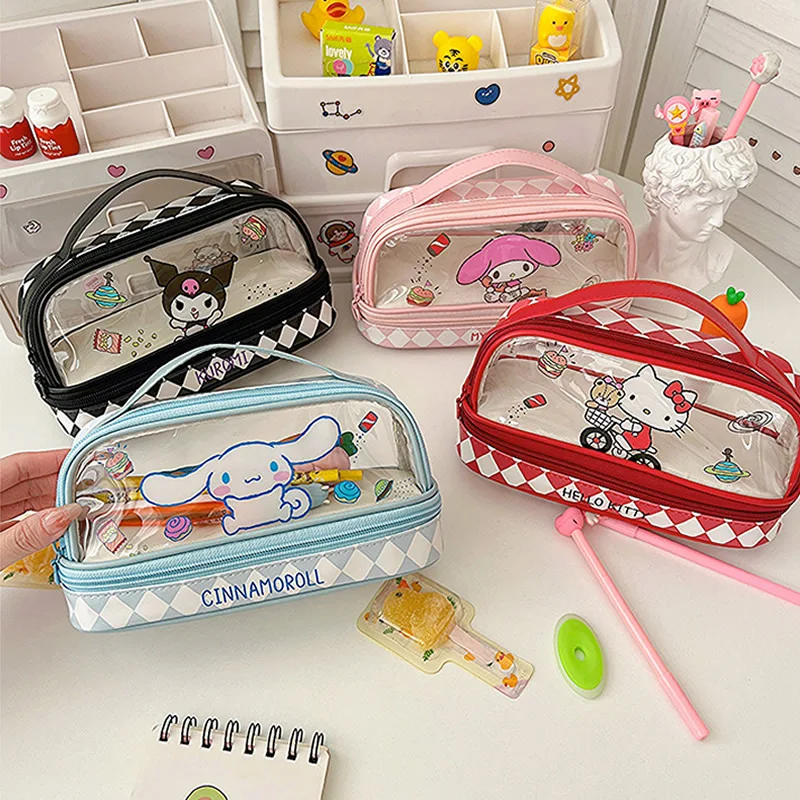 Cartoon Sanrio Hello Kitty Pencil Case Cute Kuromi studentLarge Capacity Double Layer Multifuntion Portable Pen Bag Stationery