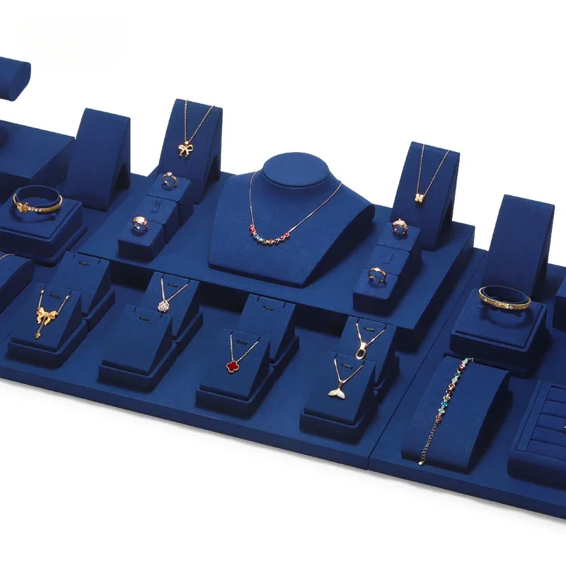 Dark Blue Jewelry Display Stand Velvet Ring Earrings Holder Necklace Organizers Storage Showcase Bracelets Base Exhibition Tray