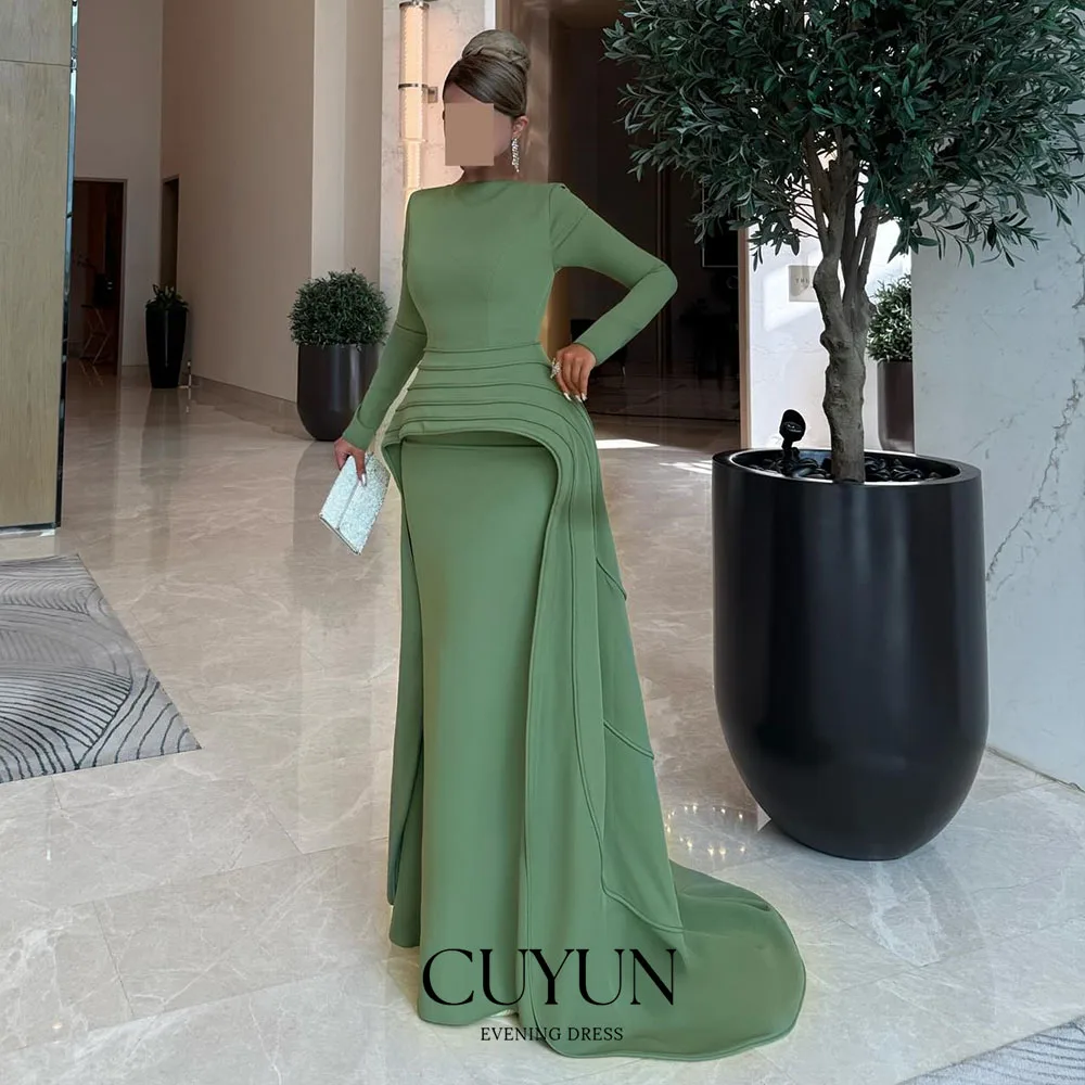 CUYUN Grünes bescheidenes Abendkleid Saudi-Arabien mit langen Ärmeln Geburtstagskleid Luxus 2026, Hofschleppe, Hochzeitsgastkleid, formelles Eventkleid