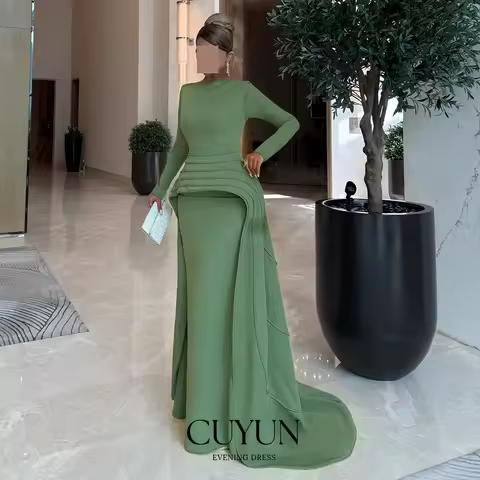 CUYUN Green Modest Evening Gown Saudi Long Sleeves Birthday Dress Luxury 2025 Court Train Wedding Guest Dress Formal Event Dress