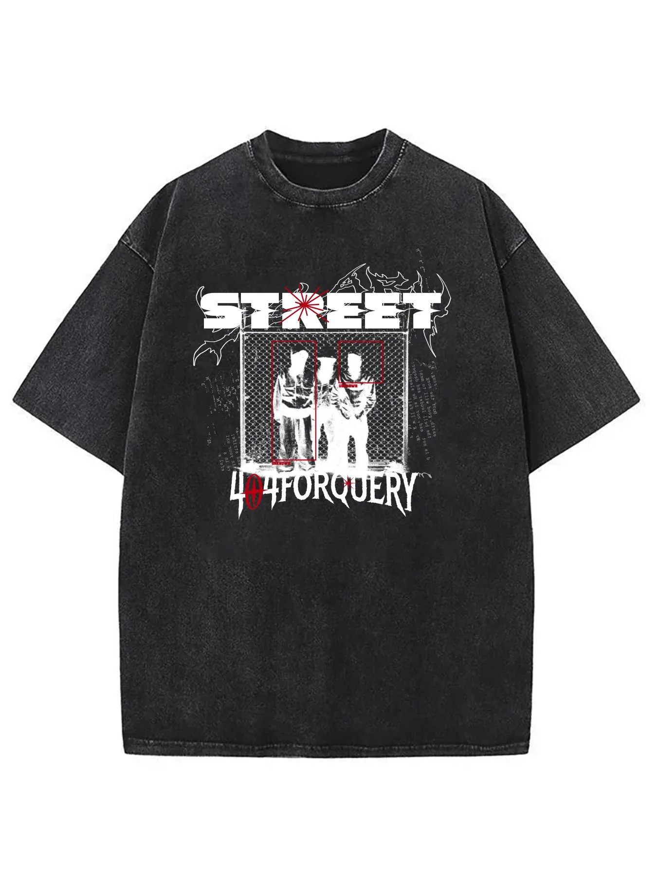 230g Washed Men's T-Shirt Featuring Fine Print Design, Stylized Text, Character Silhouettes, Grid Pattern, Red Bullseye Elements, and the Phrase 