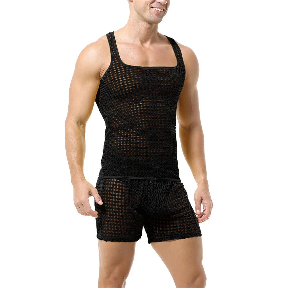 Sexy Mens Clothes Set Fishnet Hollow Out Tank Tops Sleeveless T-shirts Vests With Transparent Mesh Shorts Suit Male Undershirts