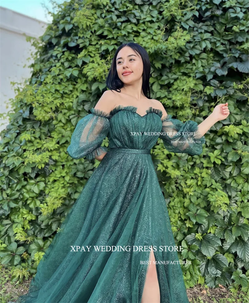 XPAY 그린 샤이니 튤 롱 프롬 드레스 스트랩리스 퍼프 롱 슬리브 스플릿 이브닝 가운 아라비 두바이 맞춤형 정장 파티 드레스