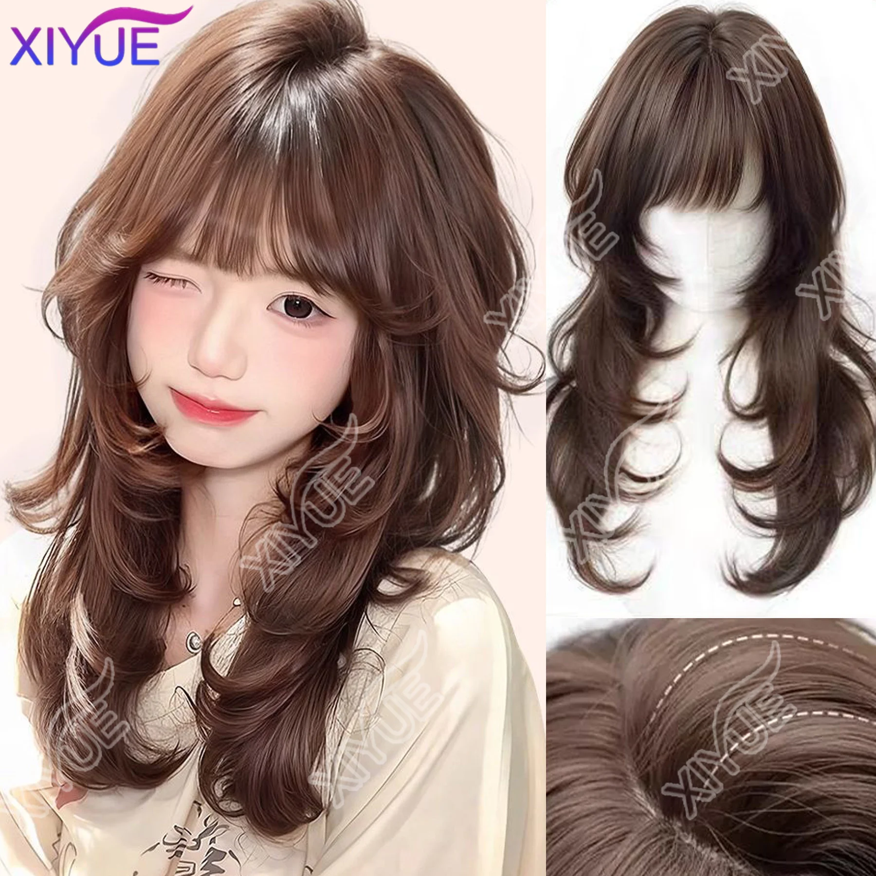 XIYUE synthetic high-level orange-brown high-level long straight hair wig Korean hairstyle women's natural heat-resistant wig