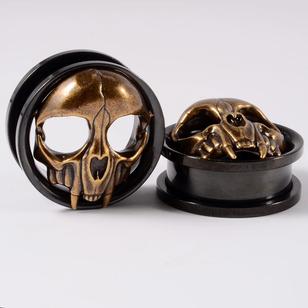 1 Pair Top Quality Stainless Steel Skull Ear Tunnels Plugs Expander Gauge Stretcher Earrings Screw Gauges Piercing Jewelry