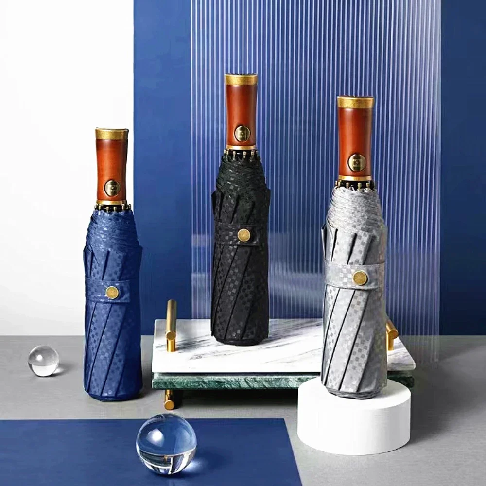 

Автоматический зонт в британском стиле с деревянной ручкой, виниловый зонтик с защитой от ультрафиолета, 3-складной солнцезащитный козырек от дождя с подарочной коробкой