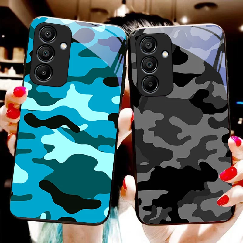 Camouflage Blue For Samsung Galaxy A15 5G 54 4G 51 50 24 35 90 71 12 51 53 52S 80 22 34 Black tempered glass phone case