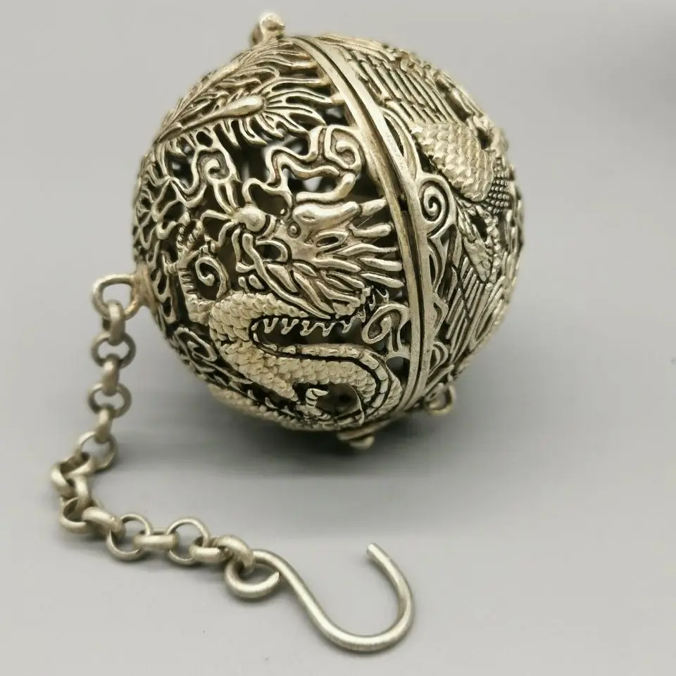 Retro white copper plated silver dragon and phoenix hollow home incense ball backflow incense burner sachet ball pend