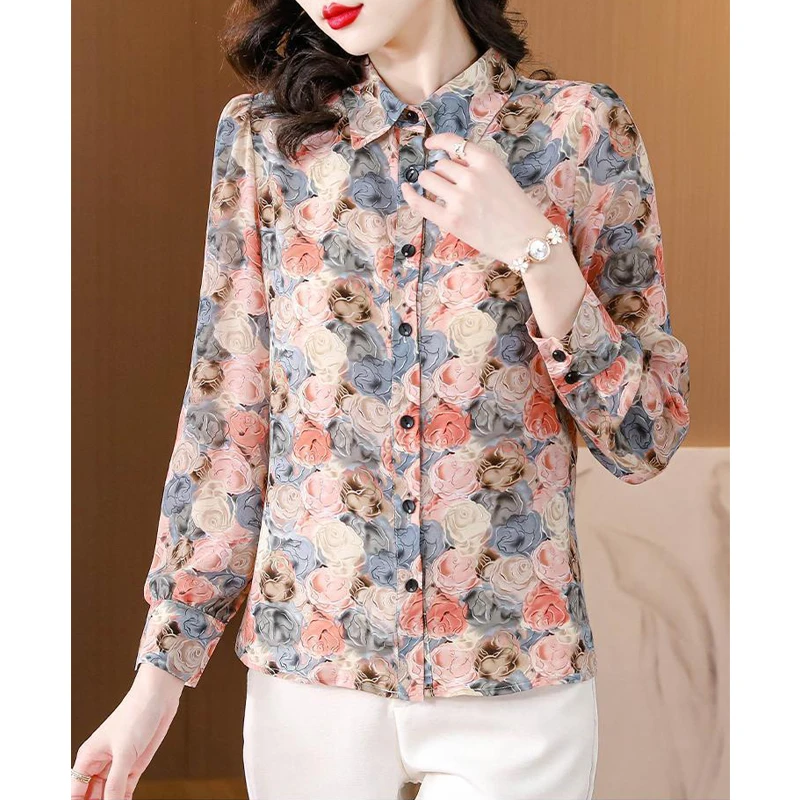 Women Stylish Vintage Floral Print Button Up Shirt Spring Autumn Lapel Temperament Elegant Blouses Casual Long Sleeve Loose Tops