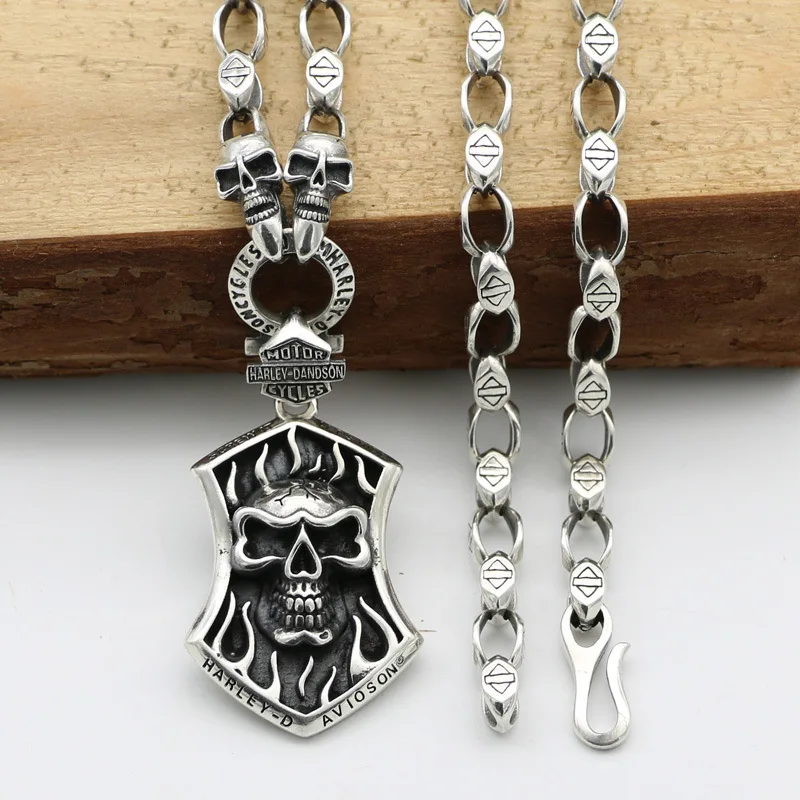 

European and American punk hip-hop street accessories pure silver skull pendant necklace trendy man personality Thai silver swea