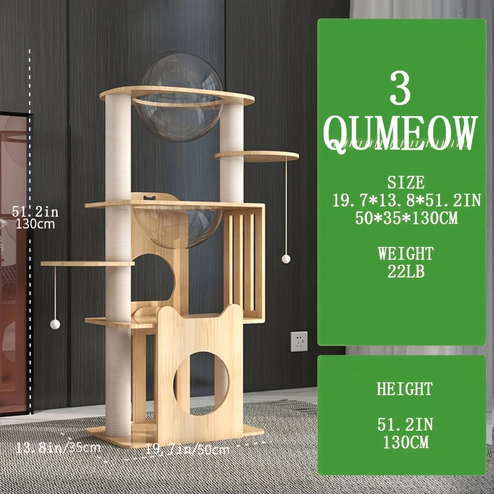 

QUMEOW 55/33-дюймовый прочный и безопасный кошачий комплекс из массива дерева, модный дизайн, защита от царапин, столб из травы-когтеточки + лежанка для кошки