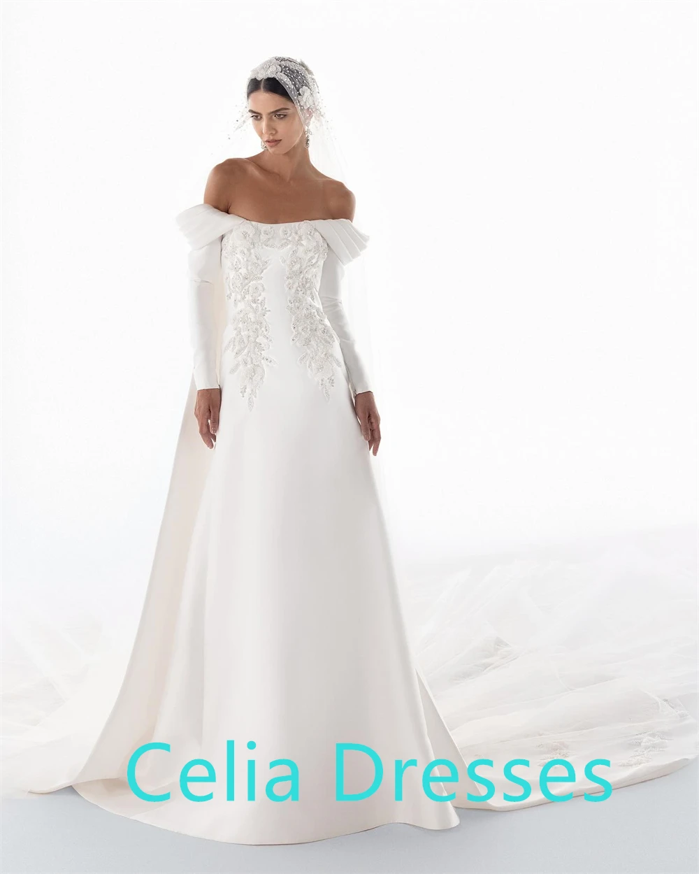 CustomizedCustomized Exquisite White Satin Evening Dress Boat Neck Off the Shoulder Long Sleeves Bridal Gowns Appliques Bridal P image 6