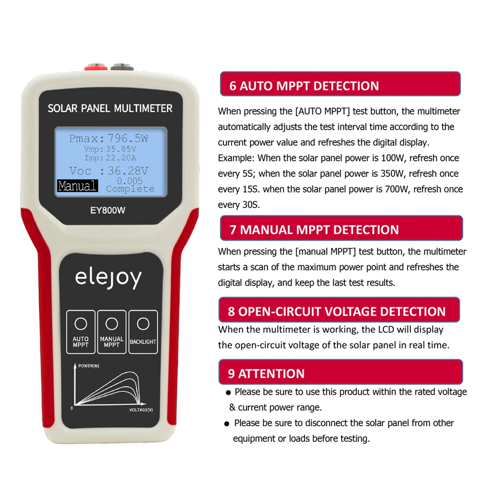 400W/800W Solar Panel Power Supply Multimeter Auto Manual MPPT Detection Open Circuit Voltage Tester Troubleshooting Tool Meter