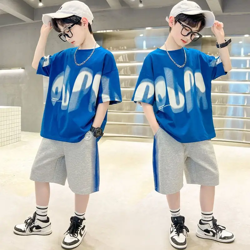 

Boys Summer 2pcs Hiphop Style Leisure T-shirts+Pants Short Sleeved Suits 4-14 Years Teenage Korean Kids Streetwear Sets Clothes