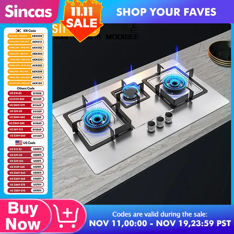 Household Gas 3 Burner Stove for Kitchen Cooktop Upgrade Timing Flip Kitchen Gas Cooker Energy-saving Embedded Fierce Fire Stove