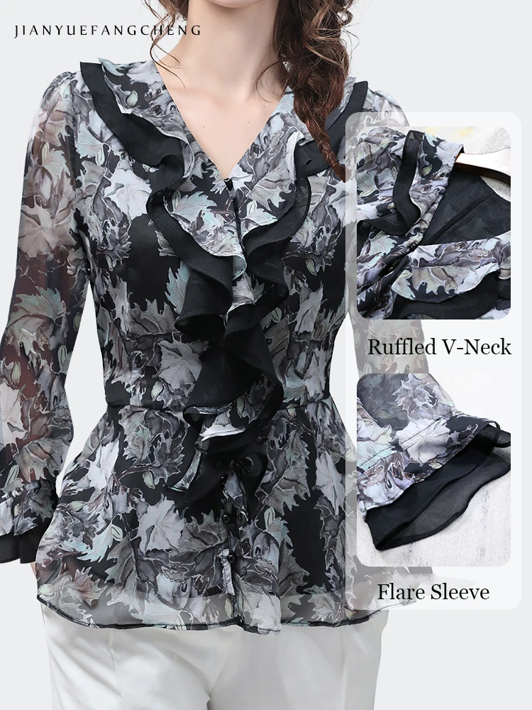 Fashion Women Long Sleeve V-Neck Ruffles Floral Print Chiffon Blouse Elegant Skinny Button-down Shirt 2024 Spring Fall Tops