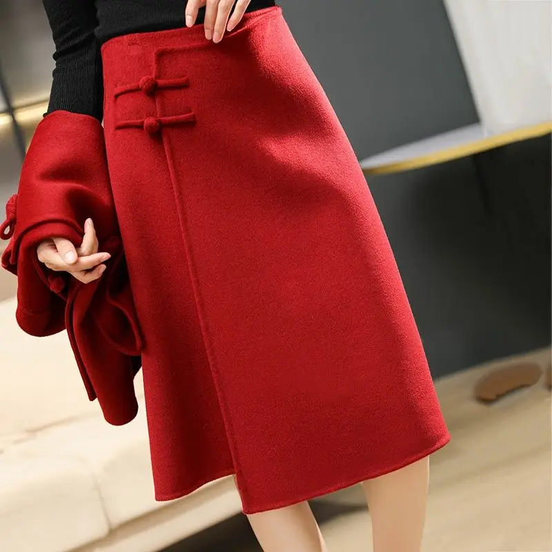 Woolen Midi Skirt for Women Fashionable and Versatile with a Buckle and Hip Hugging One-step Skirt Paired Vest A-line Skirts