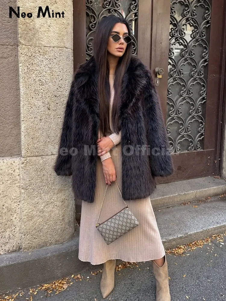 Brand Designer Fluffy Eco Fox Fur Jacket Lapels Faux Fur Coat Women Winter Furry Overcoats Girl Stylish Long Overcoats