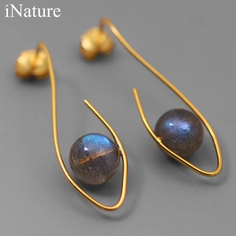 

INATURE 925 Sterling Silver Jewelry Natural Labradorite Bright Eyes of A Beautiful Woman Stud Earrings For Women Gift