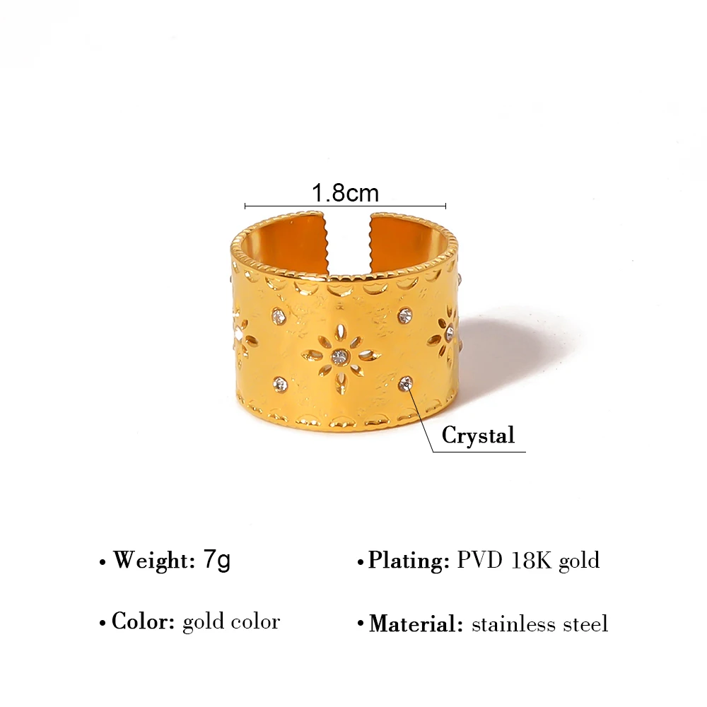 WILD & FREE Luxury Crystal Stainless Steel Wide Rings for Women Vintage Geometric Hollow Aesthetic 18K Gold Plated Jewelry