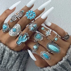 Tocona Vintage Blue Stone  Flower Heart Joint Rings Set for Women Trendy Cactus Oval Rings Set Jewelry Party 13pcs/set 26425
