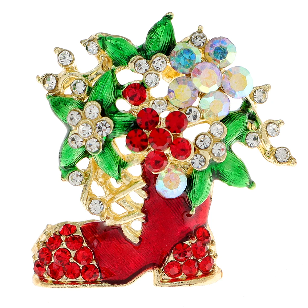 CINDY XIANG Rhinestone Red And Green Color Chritmas Boots Brooch Festivel Jewelry