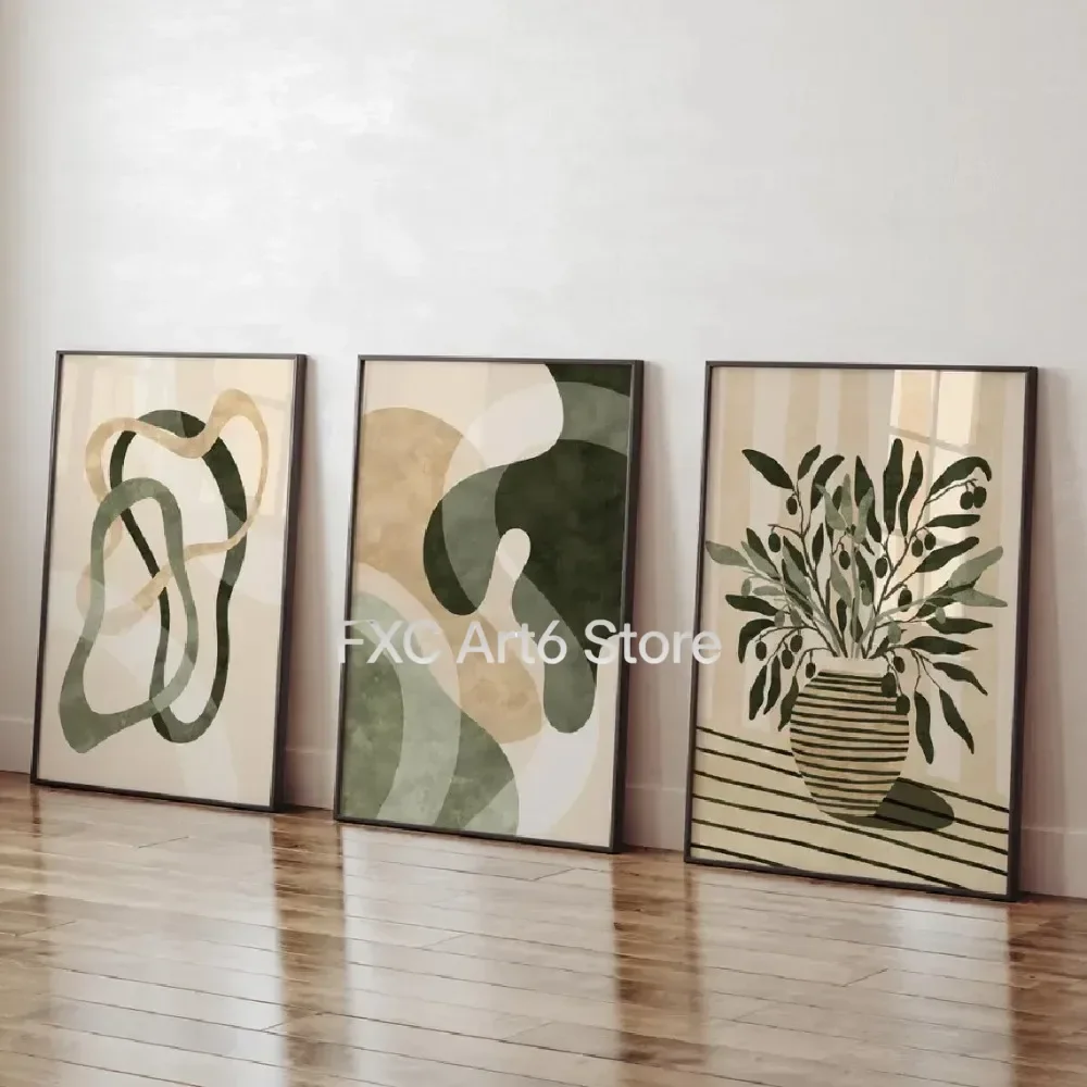 Juego de 3 Cuadros sin Marco, Póster Retro, Impresión Moderna de Plantas en Verde y Beige, Pintura Abstracta Minimalista de Hojas de Olivo en Lienzo