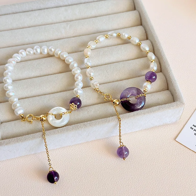 

Натуральный барочный пресноводный жемчуг с кристаллами для женщин, новый китайский стиль, национальный тренд, браслет с аметистовой ракушкой и пряжкой мира